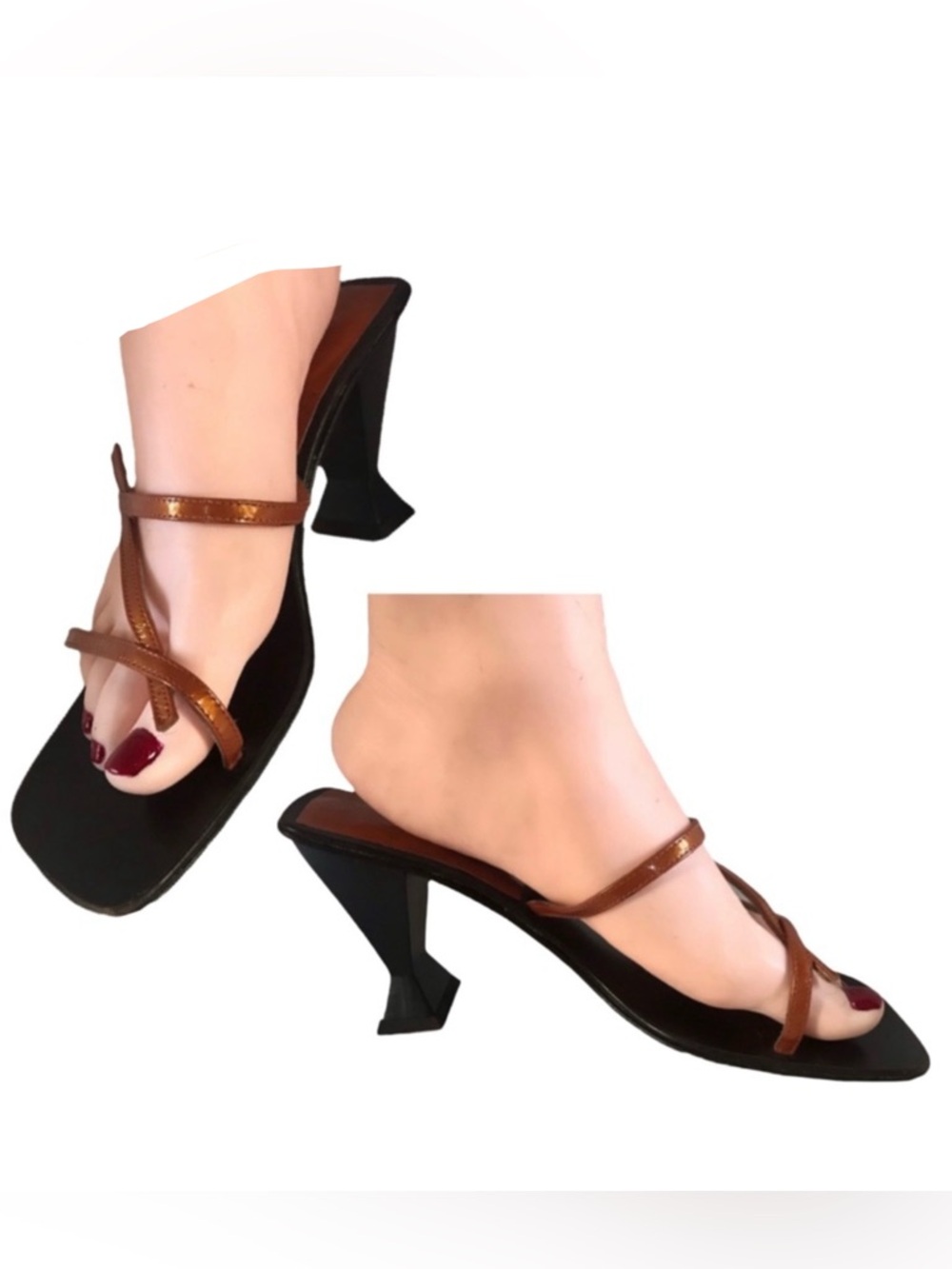 BCBG MAXAZRIA COGNAC BROWN PATENT LEATHER STRAPPY SLIDE AVANT GARDE HEEL (5.5)